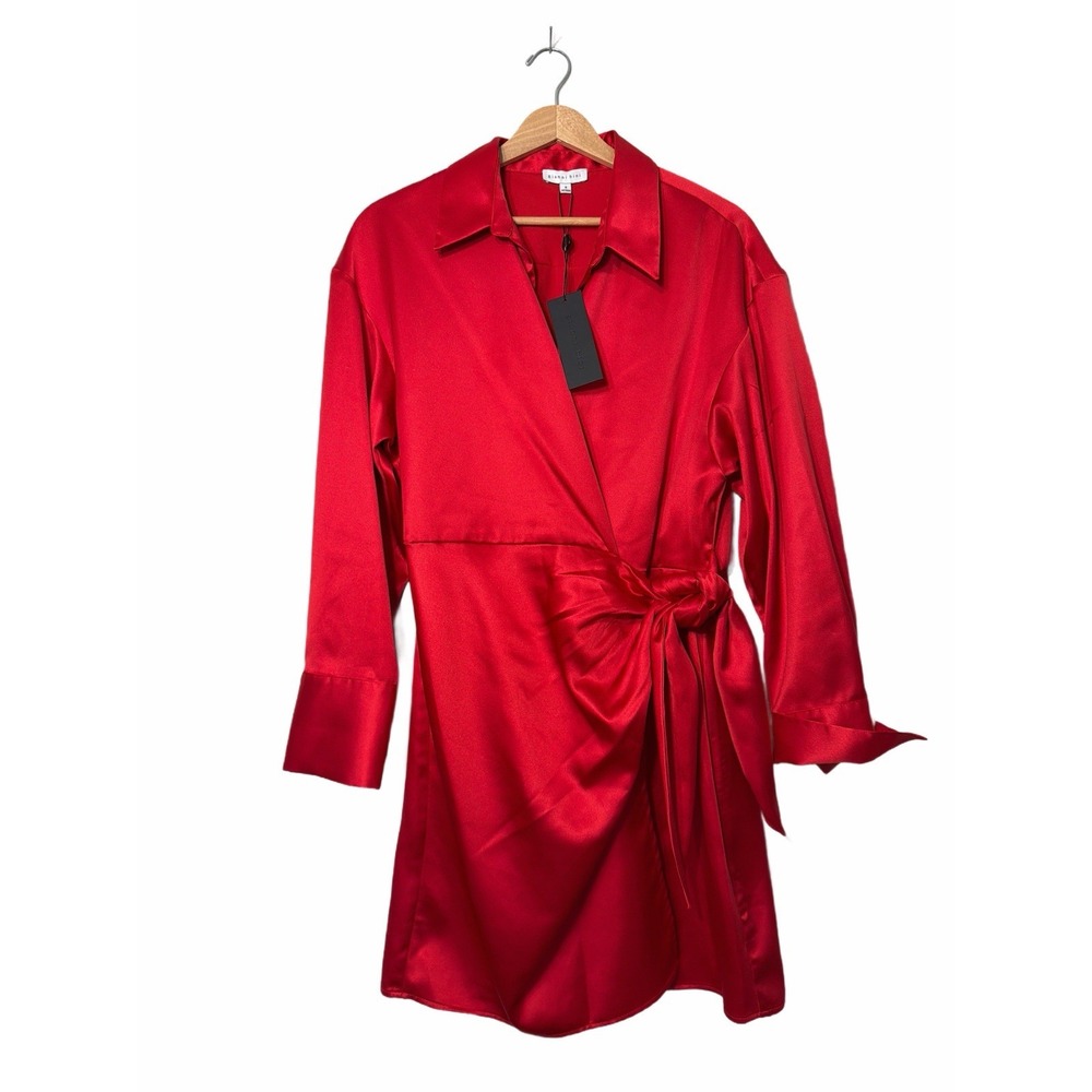Gianni Bini Dress 8 Red Satin Wrap Mini Long Sleeve Collared Tie Waist